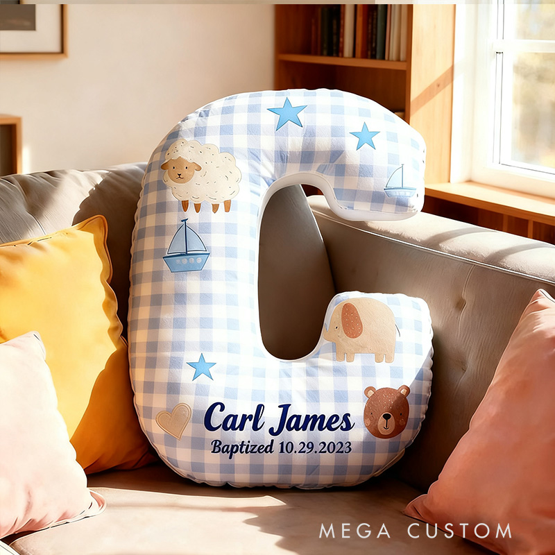 Personalized Woodland Animals Baptism Letter Pillow with Custom Name Kid Room Decor Christian Gift Baby Boy Gift Baptism Gift Graphic 3D Print Pillow