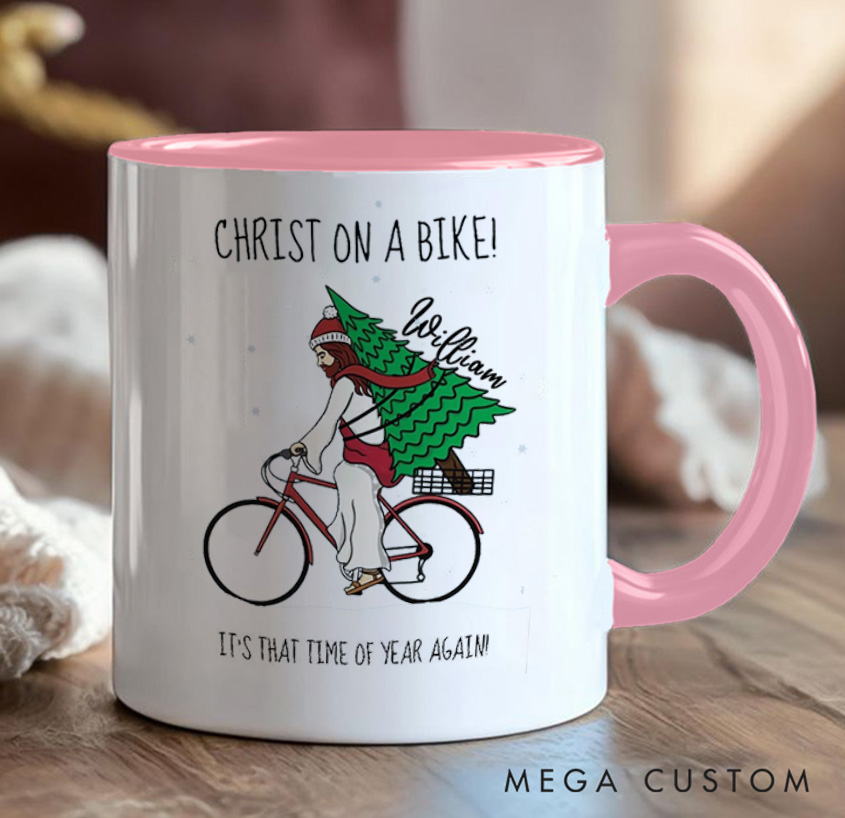 Personalized Christ on A Bike Coffee Mug Funny Bicycle Gift Lover Christmas Bicycles Mug Cyclist Gift Mountain Biker Gift Cycling Bike Gift Bicyclist Mug Colour Options Available