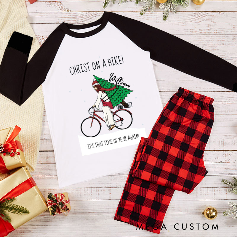 Personalized Christ on A Bike Pajama Set Cycling Christmas Pajamas Bicycle Santa Pajamas Christmas Pajamas Matching Family Perfect for Holiday and Rider Riding Lover