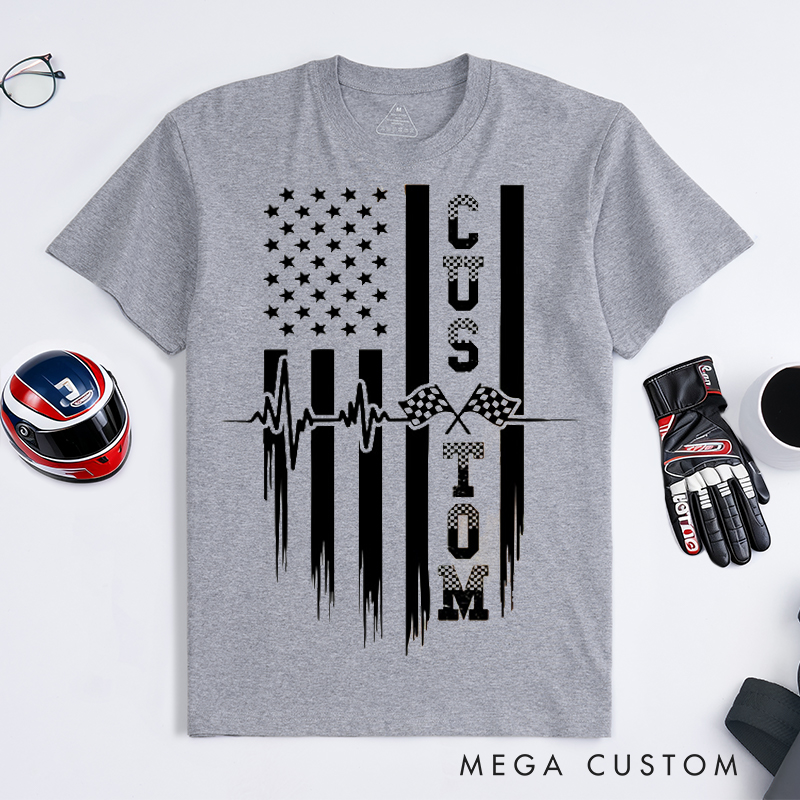 Personalized Racing T Shirt Custom Text Heartbeat Checkered Flag American Flag Tee for Racing and Car Lovers