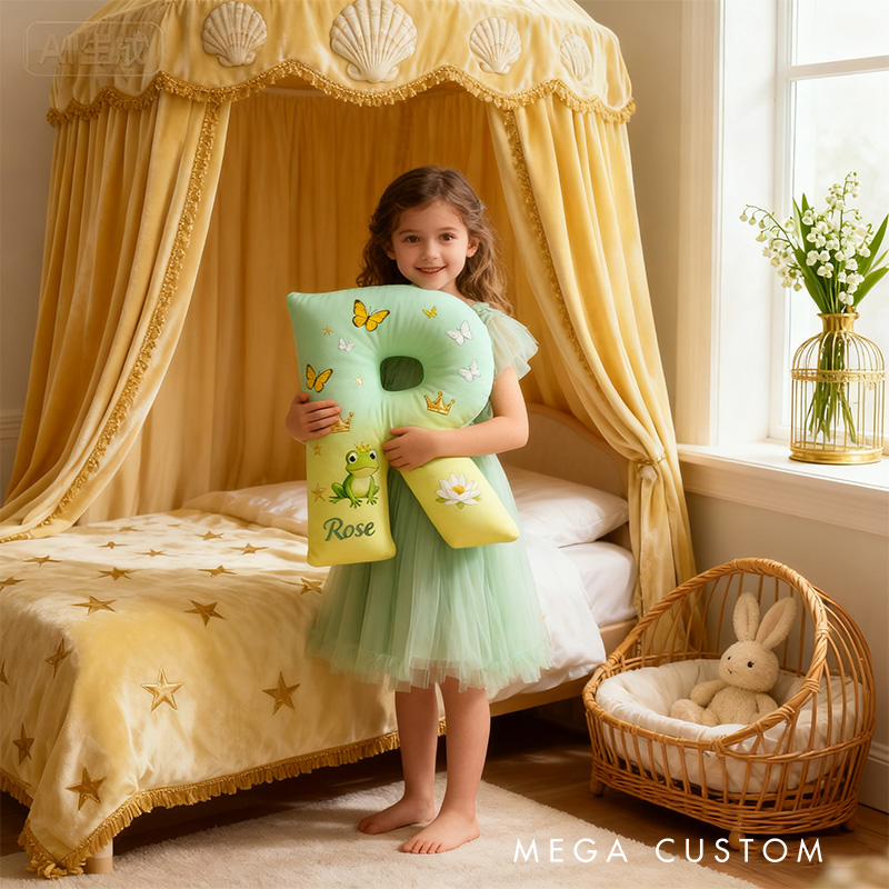 Personalized Graphic 3D Print Cartoon Frog And Love Tale Alphabet Shaped Pillow for Cartoon Lovers Initial Pillow Christmas Gift for Kids