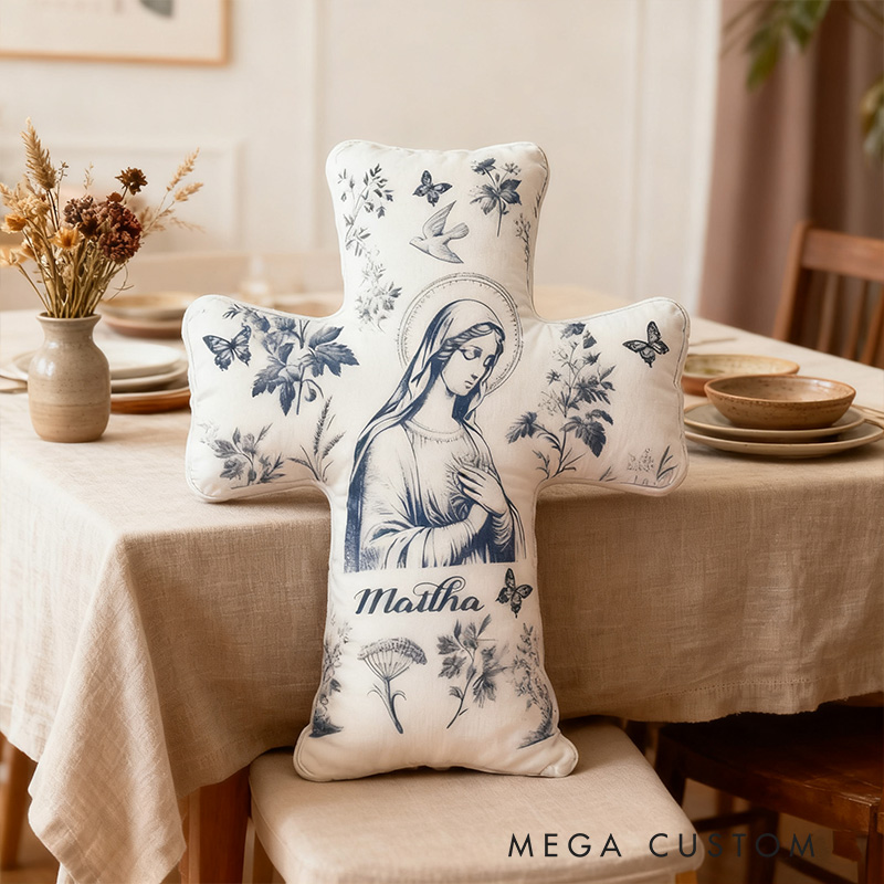 Personalized Catholic Virgin Mary Toile Cross Pillow with Custom Name Home Decor Our Lady Pillow Vintage Floral Marian Pillow Christian Gift for Women
