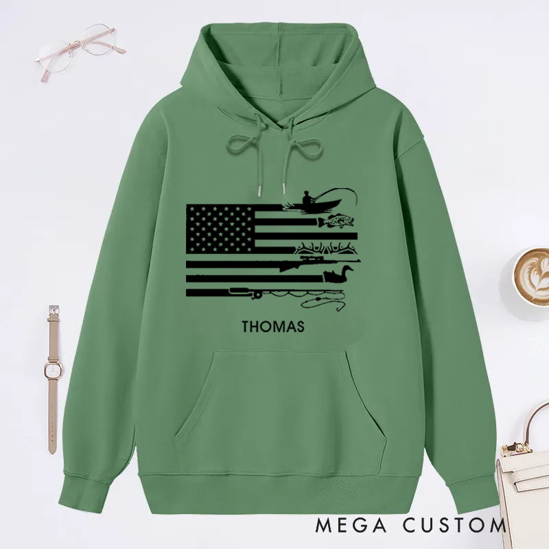 Personalized Fishing Hoodie American Flag Hunting and Fishing Sweatshirt Custom Name  Ideal for Anglers and Outdoor Enthusiasts
