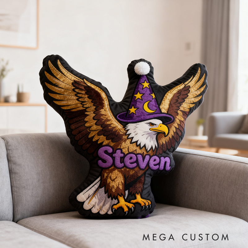 Personalized Eagle Shaped Pillow with Golden Wings Wizard Hat Moon Stars and Magical Design Graphic 3D Print Pillow