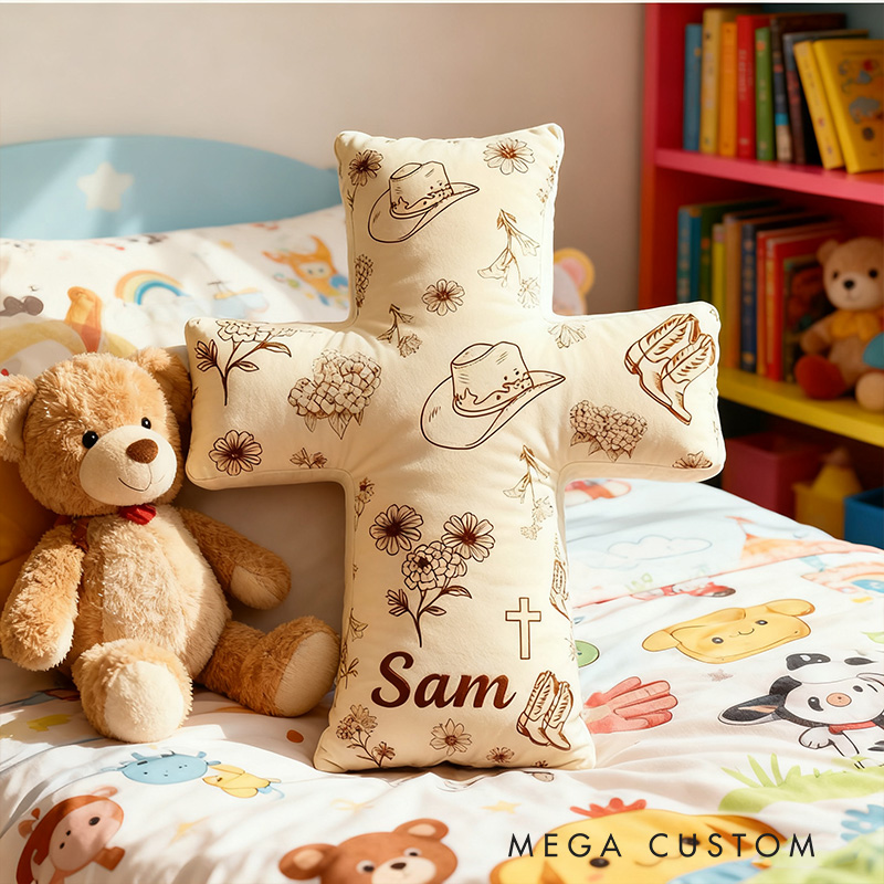 Personalized Rustic Cross Pillow with Custom Name Home Decor Vintage Cowboy Hat Boot Flower Pillow Religious Christian Gift