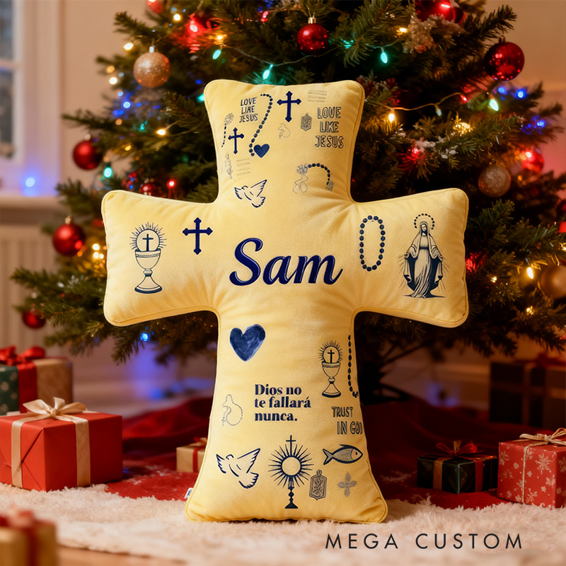 Personalized God will Never Fail You Cross Pillow with Custom Name Home Decor Virgin Mary Cross Chalic Dove and Fish Pillow Religious Gift for Her