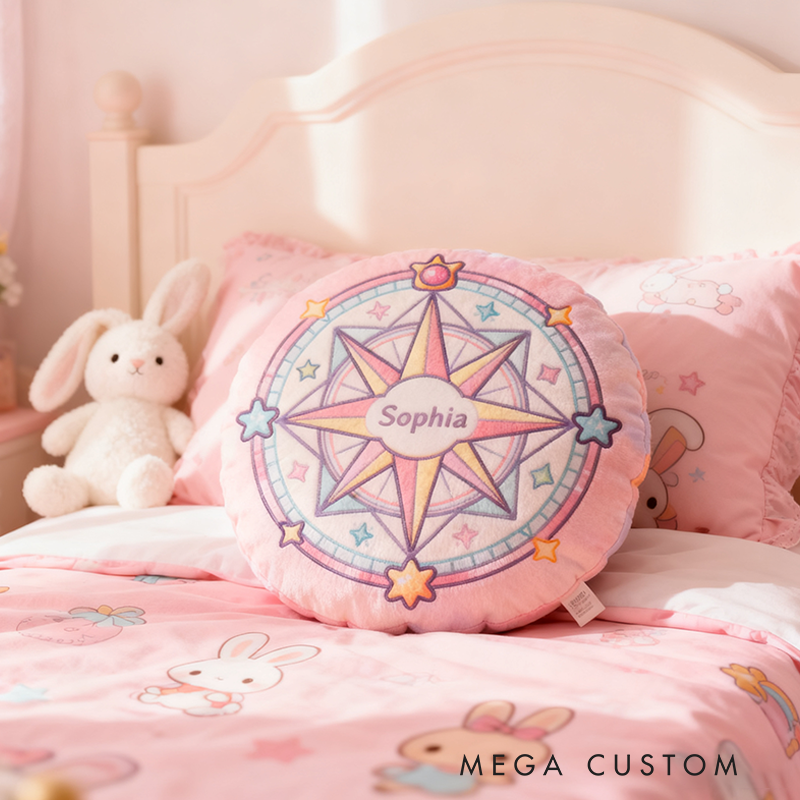 Personalized Round Pink Christmas gift Pillow with Star Compass Pastel Colors Magical Design and Cute Decorative Elements Graphic 3D Print Pillow