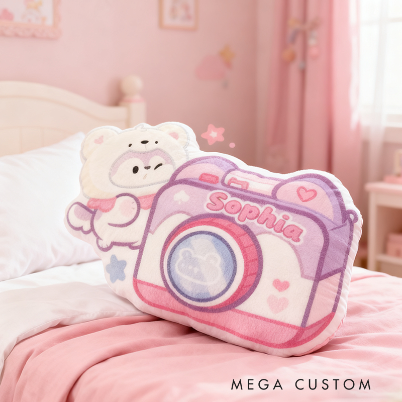 Personalized Cute Camera Shaped Pillow with Cute Bear Heart Details Pastel Colors  Graphic 3D Print Pillow