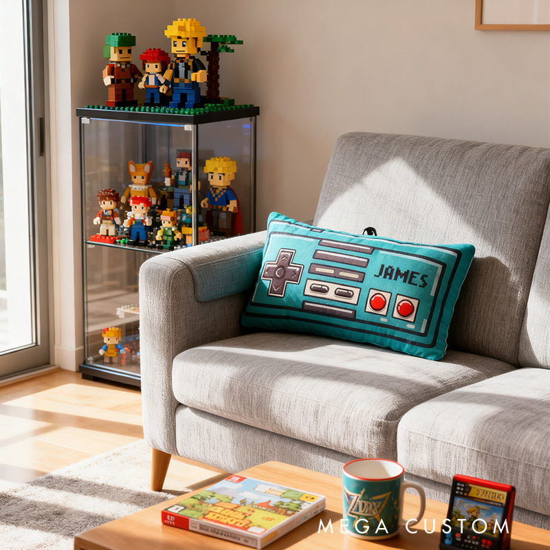 Personalized Graphic 3D Print Retro Style Blue Game Controller Shaped Pillow for Game Lovers Plush Pillow Christmas Gift for Kids