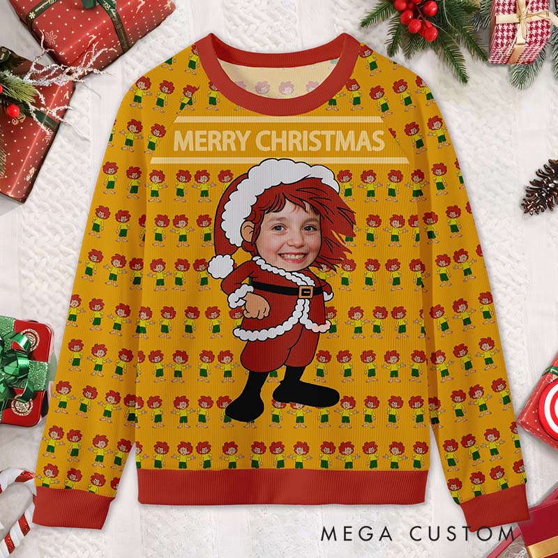 Personalized Merry Christmas Santa Custom Face Funny Holiday Gift Festive Style Cozy Winter Party Joyful Red Yellow Cheer Magic Ugly Sweater Shirt