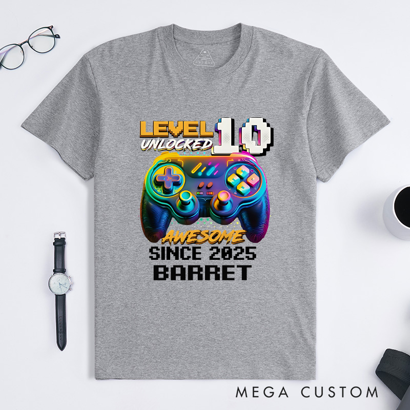 Personalized Level 10 Unlocked Shirt Funny Video Game Gamer T-Shirt for Teenager Boys and Girls Gift for Game Geek