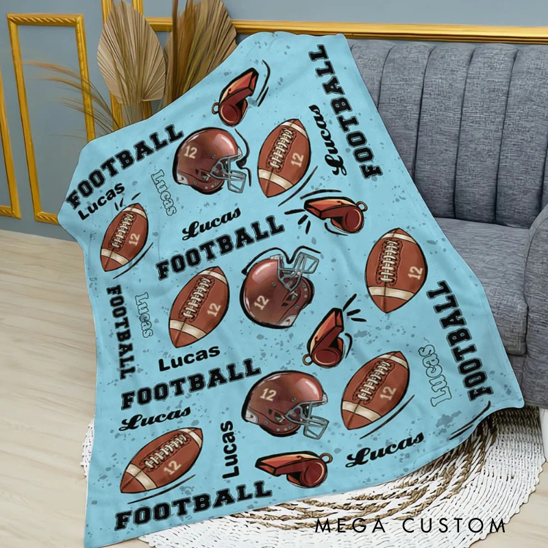 Personalized Football Themed Blanket with Custom Name and Jersey Number