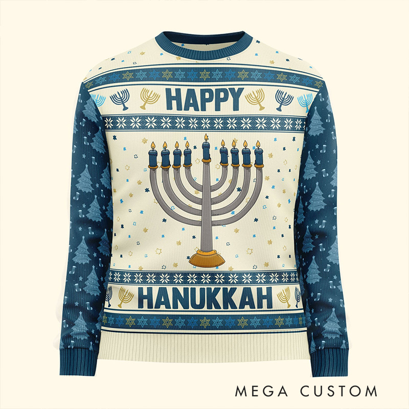 Personalized Happy Hannukah Ugly Sweater Menorah Dreidel Star of David Ugly Sweater Religious Gift Happy Hannukah Gift
