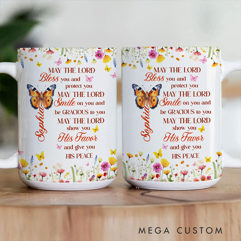 Personalized May The Lord Bless You 11oz 15oz Ceramic Mug with Birth Butterfly and Name Floral Butterfly Coffee Mug Religious Christian Gift for Her