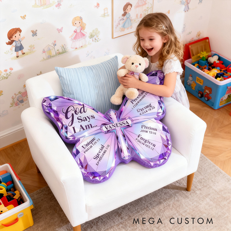 Personalized Butterfly of Grace God Says I am Pillow with Custom Name Kid Room Decor Purple Butterfly Pillow Religious Gift for Kid Affirmation Gift