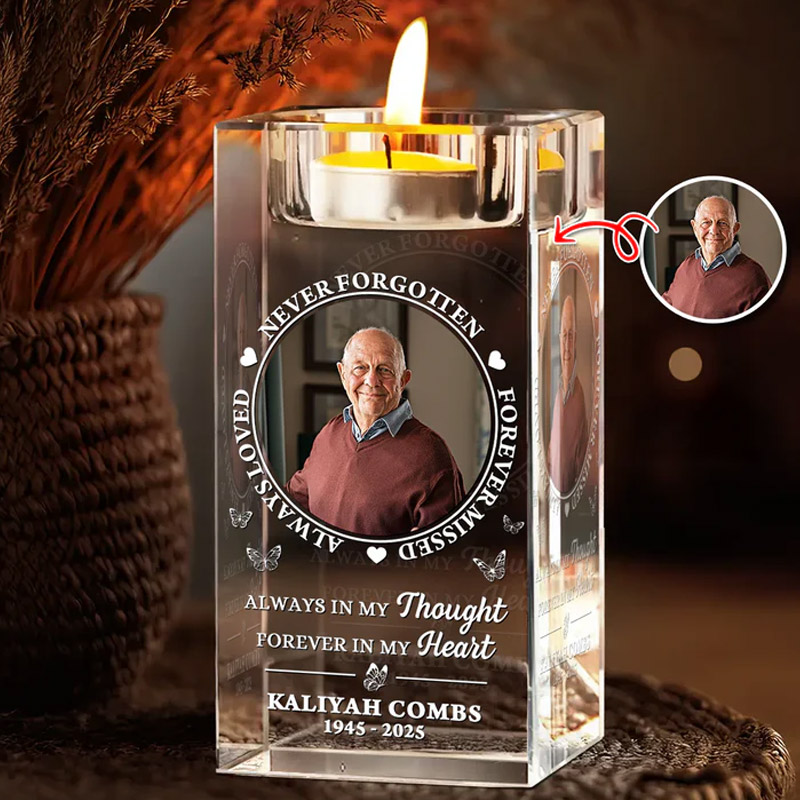 Personalized Memorial Crystal Candle Holder with Photo Always in My Thought Memorial Gift  In Loving Memory Gift