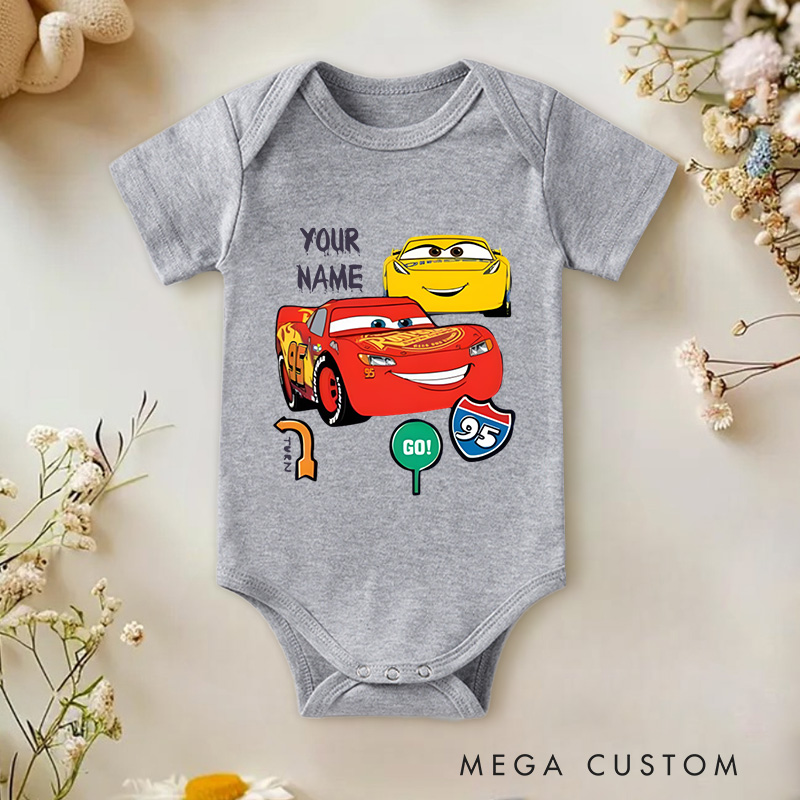 Personalized Cars Themed Design with Lightning McQueen and Cruz Ramirez Baby Onesie