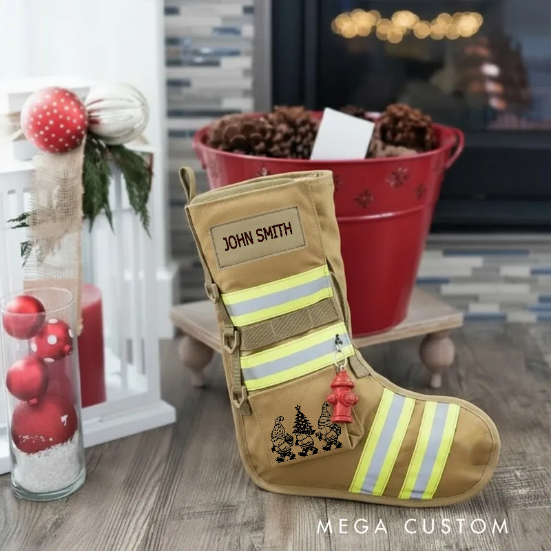 Personalized Firefighter Christmas Stocking Reflective Stripes Festive Gnome Design Gift for Firefighters