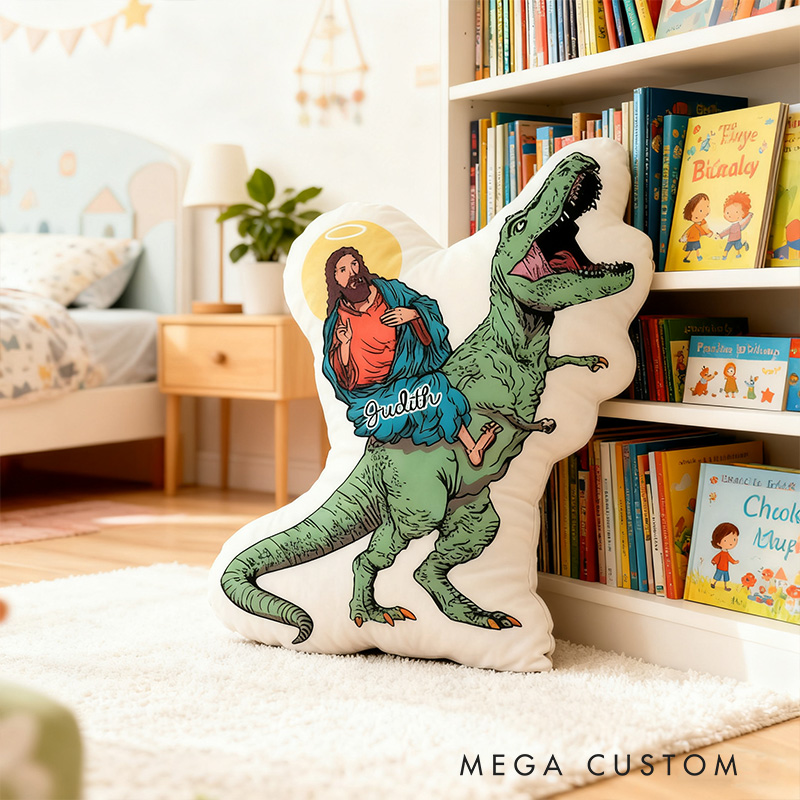 Personalized Funny Jesus Riding T-Rex Dinosaur Pillow with Custom Name Kid Room Decor Sarcastic Religious Gift for Kids Graphic 3D Print Pillow