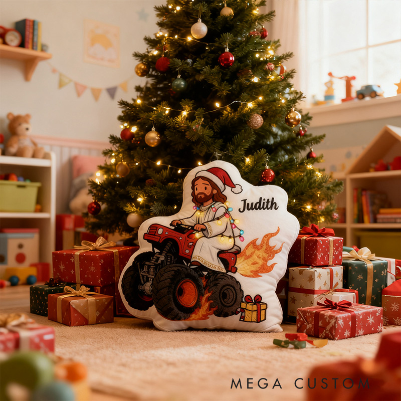 Personalized Funny Jesus Riding Truck Christmas Pillow with Custom Name Kid Room Decor Sarcastic Religious Gift for Kids Graphic 3D Print Pillow