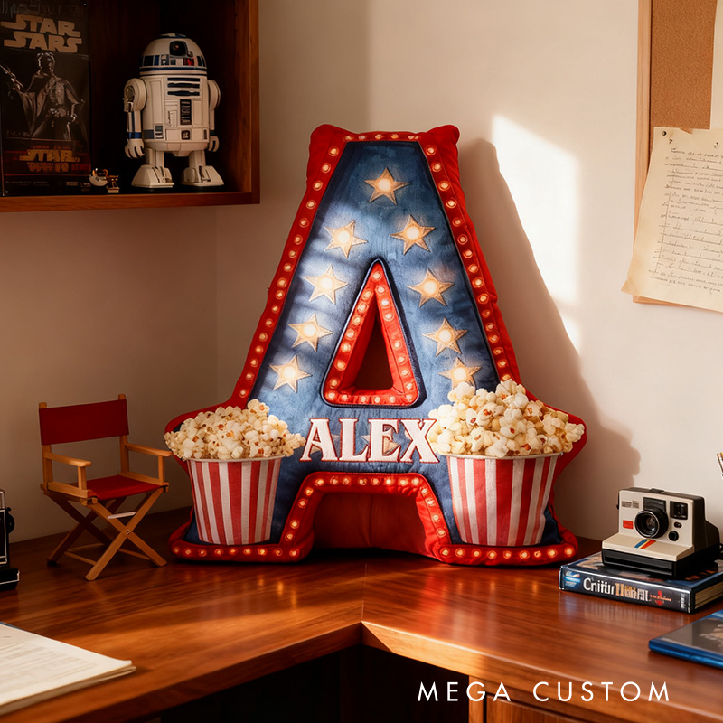 Personalized Graphic 3D Print Popcorn And Movie Alphabet Shaped Pillow for Movie Lovers Initial Pillow Christmas Gift for Kids