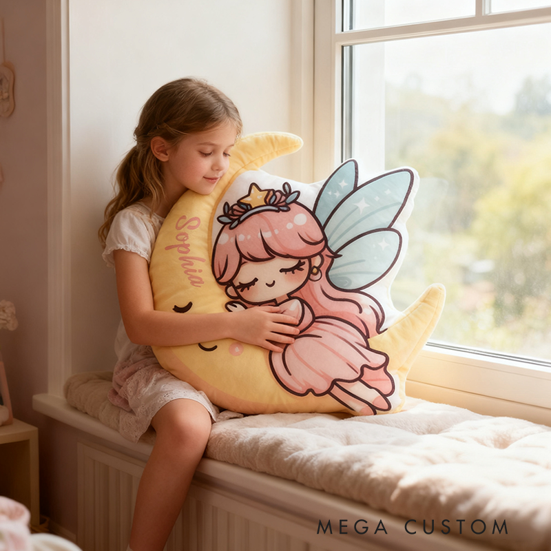 Personalized Name Moon and Pink Princess Pillows with Sparkling Wings Star Crown and Whimsical Pastel Dream Design Graphic 3D Print Pillow for Kids