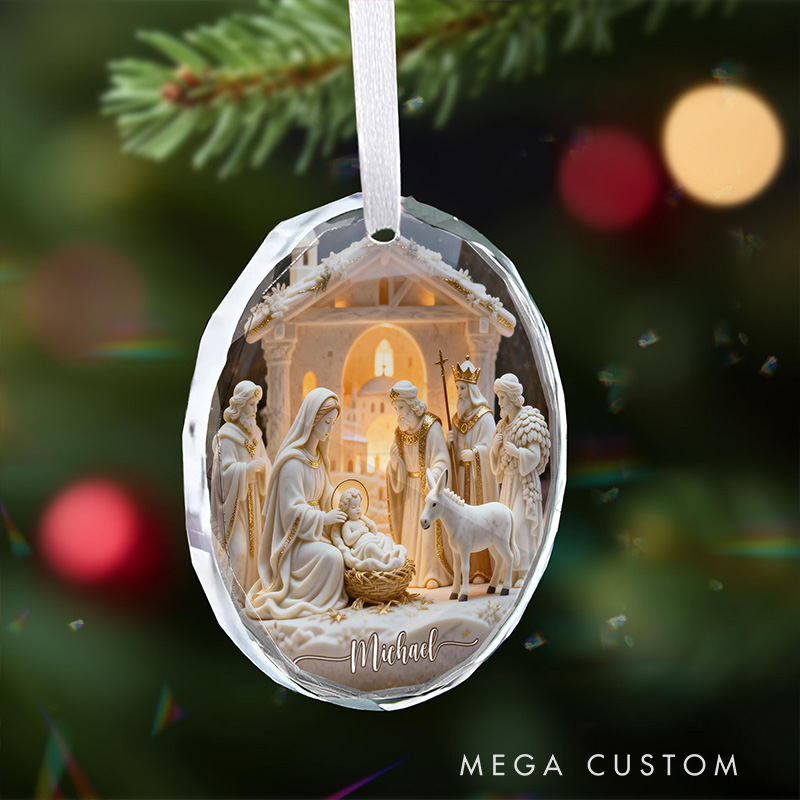 Personalized Nativitys Scene Christmas Round Shaped Glass Ornament with Name Tree Decor Regilious Decor Gift Christmas Gift for Christian Xmas Gift