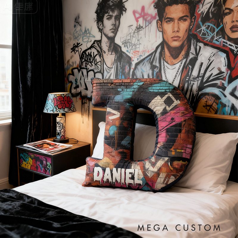 Personalized Graphic 3D Print Graffiti Art Brick Alphabet Shaped Pillow for Art Lovers Initial Pillow Christmas Gift for Kids