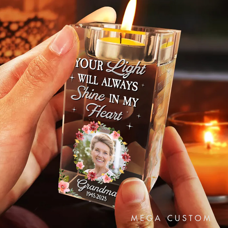 Personalized Memorial Photo Crystal Candle Holder Your Light Will Always Shine In Loving Memory Gift