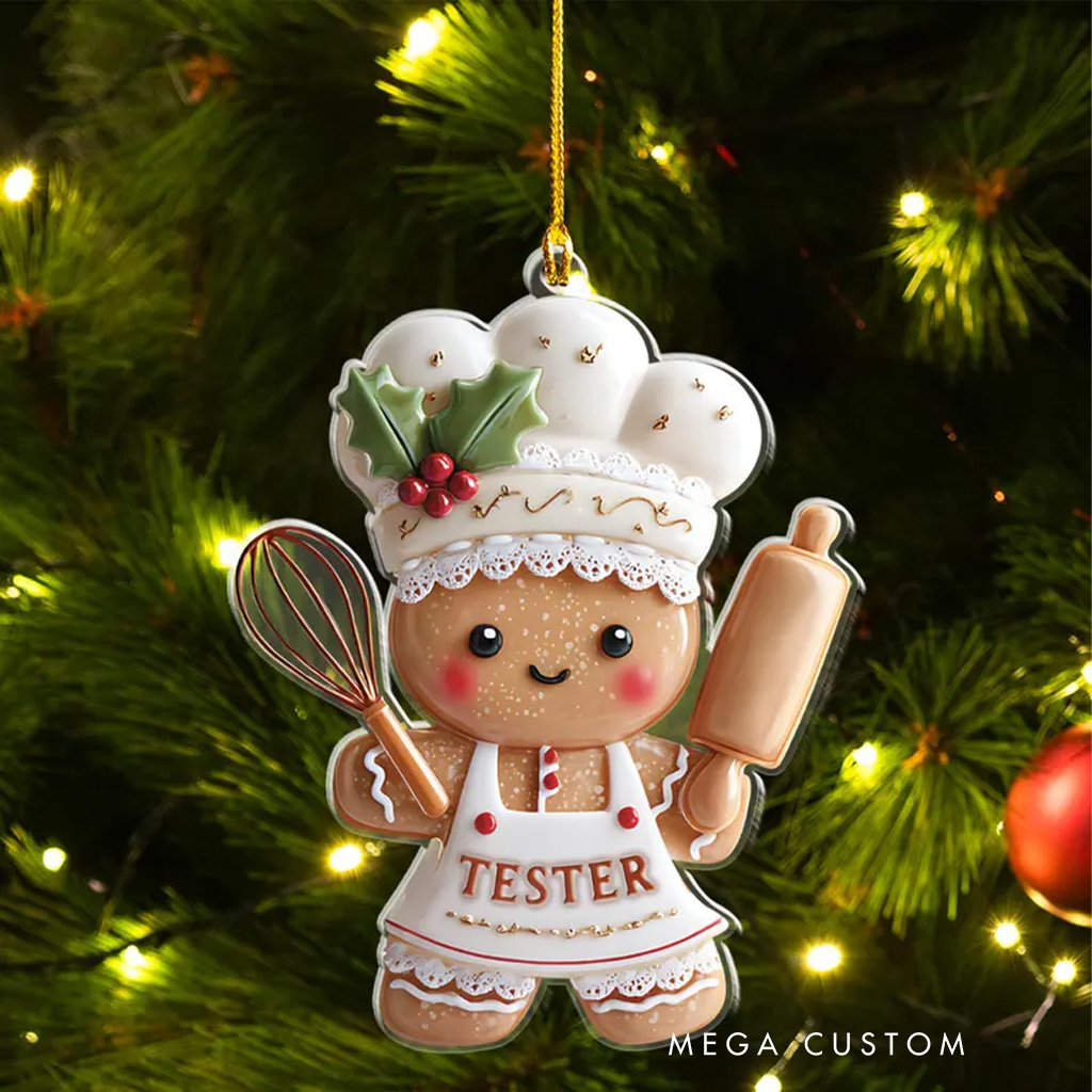 Personalized Gingerbread Chef Acrylic Ornament Gingerbread Baker Decor with Name Custom Christmas Kitchen Decor for Women Female Baker Xmas Gift