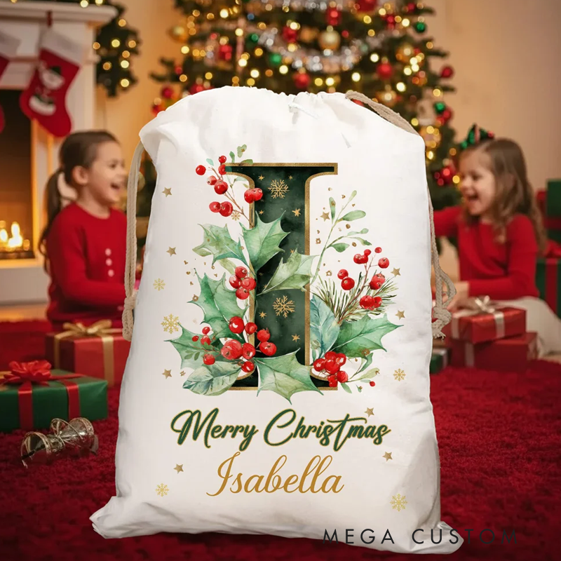 Personalized Holly Initial Canvas Drawstring Gift Bag with Name Christmas Gift for Friends Family