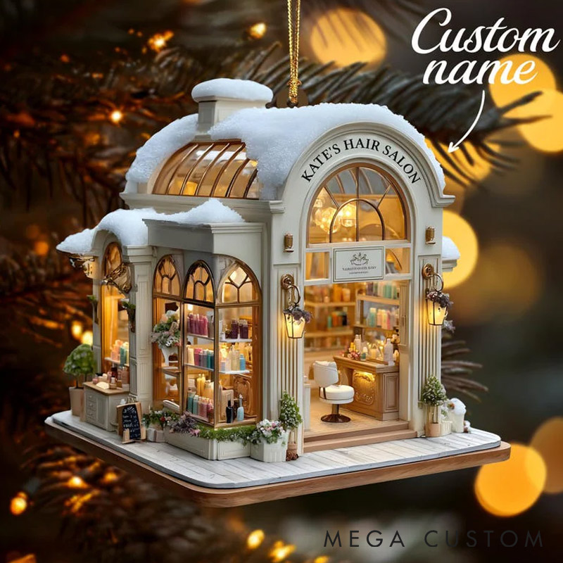 Personalized Hair Salon Stylist Shop with Snowy Roof & Lights Custom Name Year Gift for Her for Him