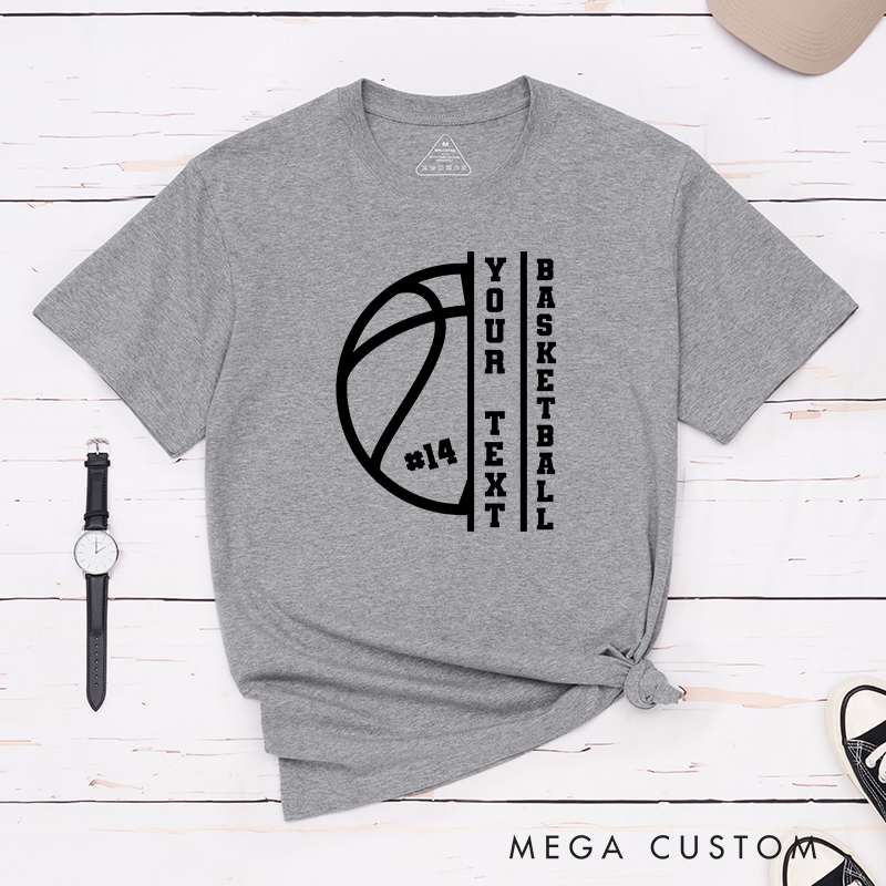 Personalized Basketball T-Shirt Design Featuring Custom Text Player Number and Bold Vertical Layout with Basketball Graphic
