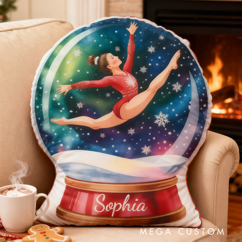 Personalized Watercolor Gymnastic Snow Globe Shaped Pillow for Gymnastic Lovers Pillow Christmas Gift for Kids