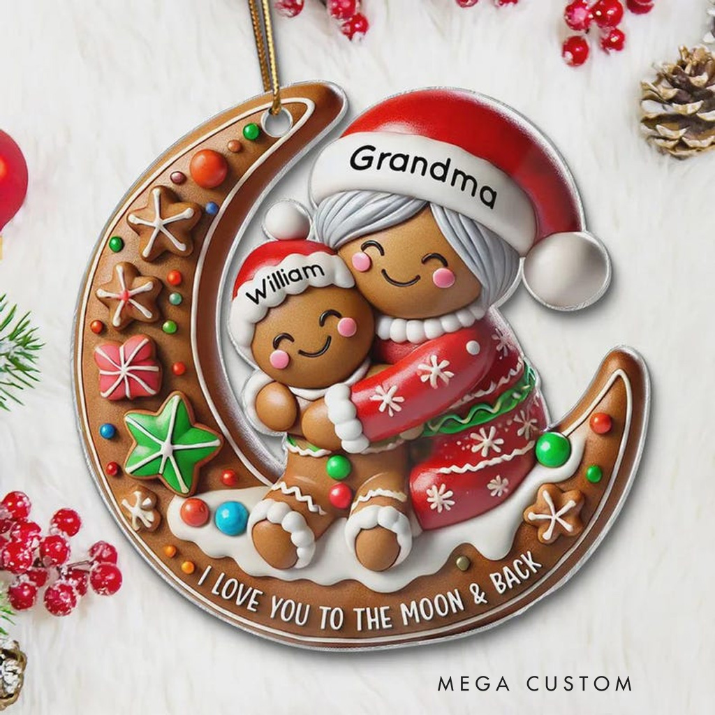 Personalized I Love You to the Moon and Back Christmas Ornament Gingerbread Grandma and Grandchild Moon Ornament for Family Acrylic Christmas Keepsake Baking Lover Christmas Gift
