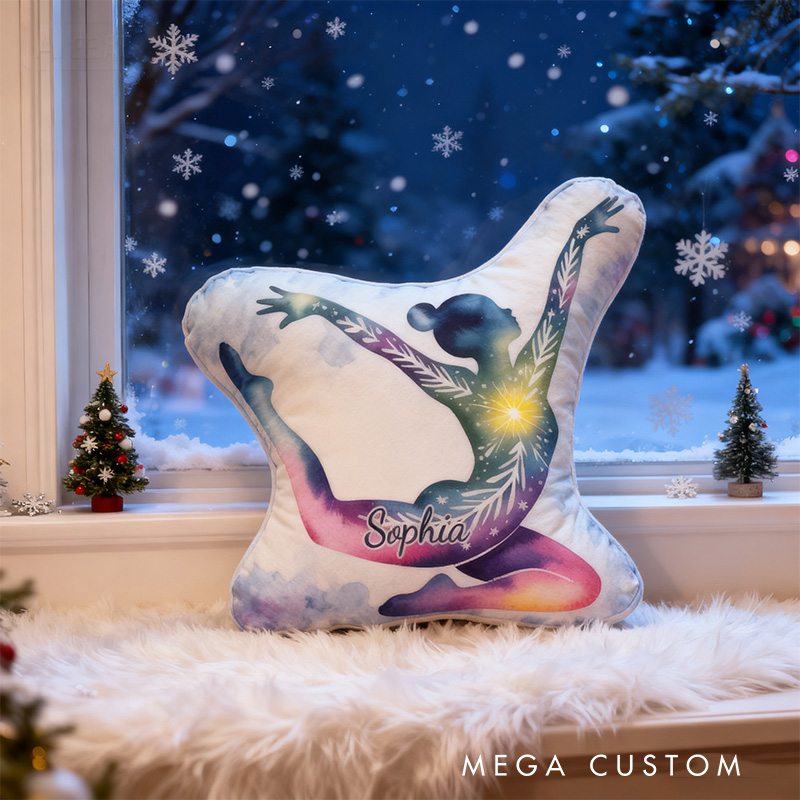 Personalized Watercolor Snow Heart Gymnastic Girl Shaped Pillow for Gymnastic Lovers Pillow Christmas Gift for Kids