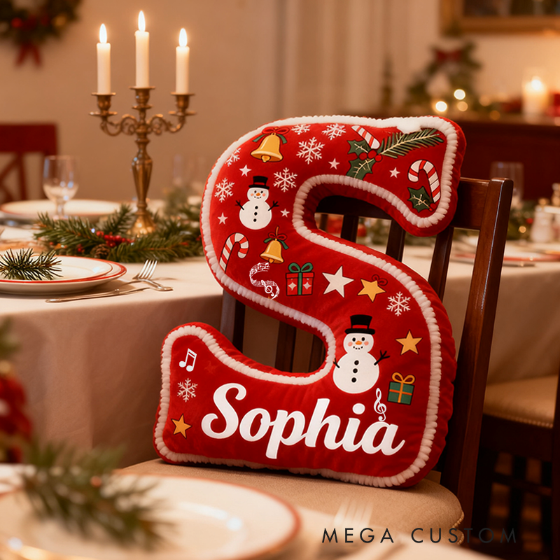Personalized Name Festive Christmas Letter Pillow Red and Green Design Snowflakes Bells and Holiday Cheer Graphic 3D Print Pillow