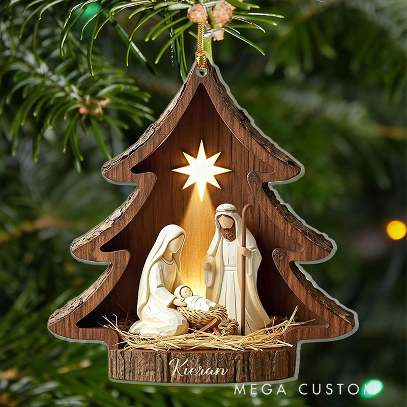 Personalized Nativity Scene Christmas Tree Acrylic Christian Ornament with Family Name Holiday Tree Decor Religious Gift Christmas Gift for Christian