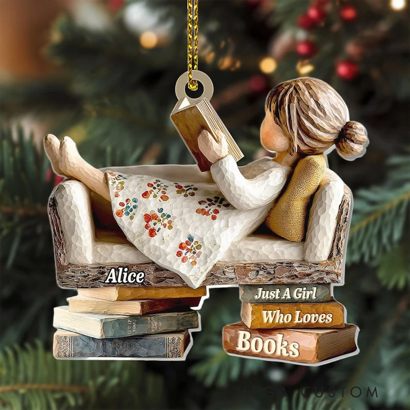 Personalized Just a Girl Who Loves Books Acrylic Christmas Ornament Holiday Tree Decor with Name Reader Gift for Bookworms Librarians