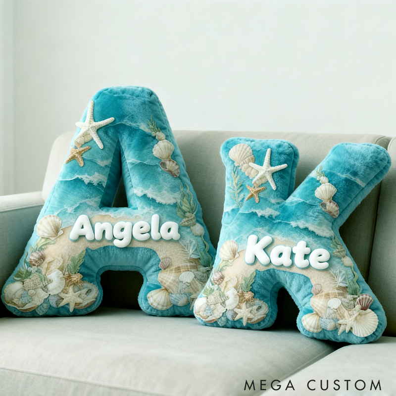 Personalized Seaglass Style Initial Pillow Custom Ocean Style Letter Pillow 3D Graphic Print Home Decor Throw Pillow for Girl Friend Beach Keepsake Pillow