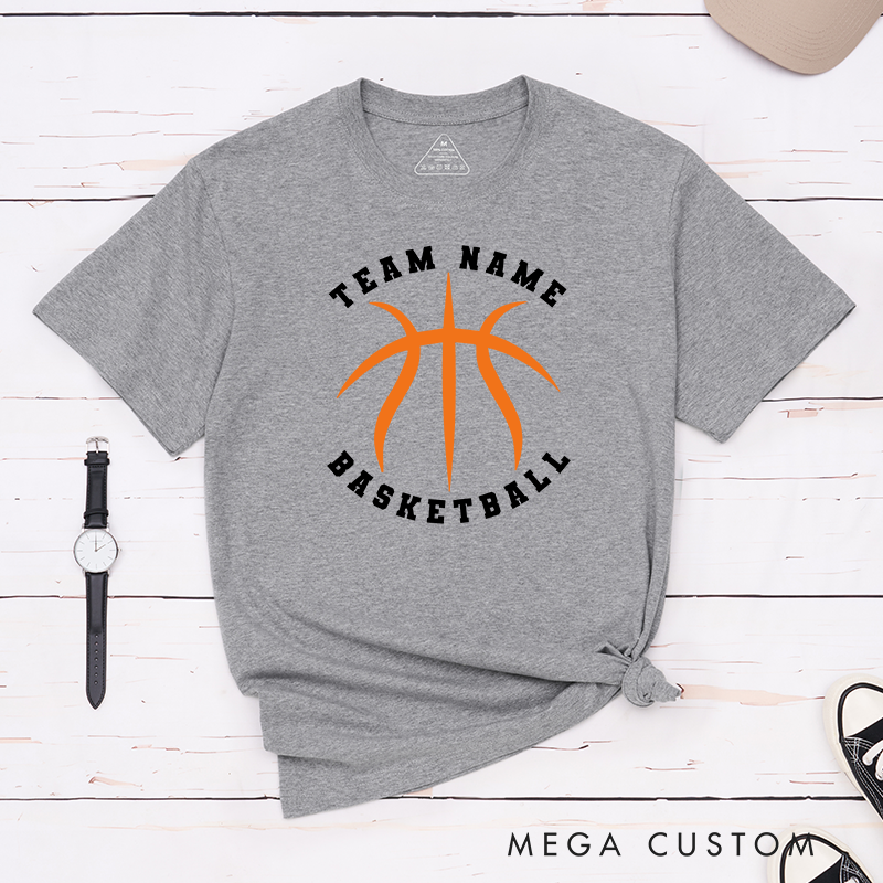Personalized Basketball Team T-Shirt Design Featuring Custom Team Name Bold Orange Basketball Graphic and Arched Text Layout