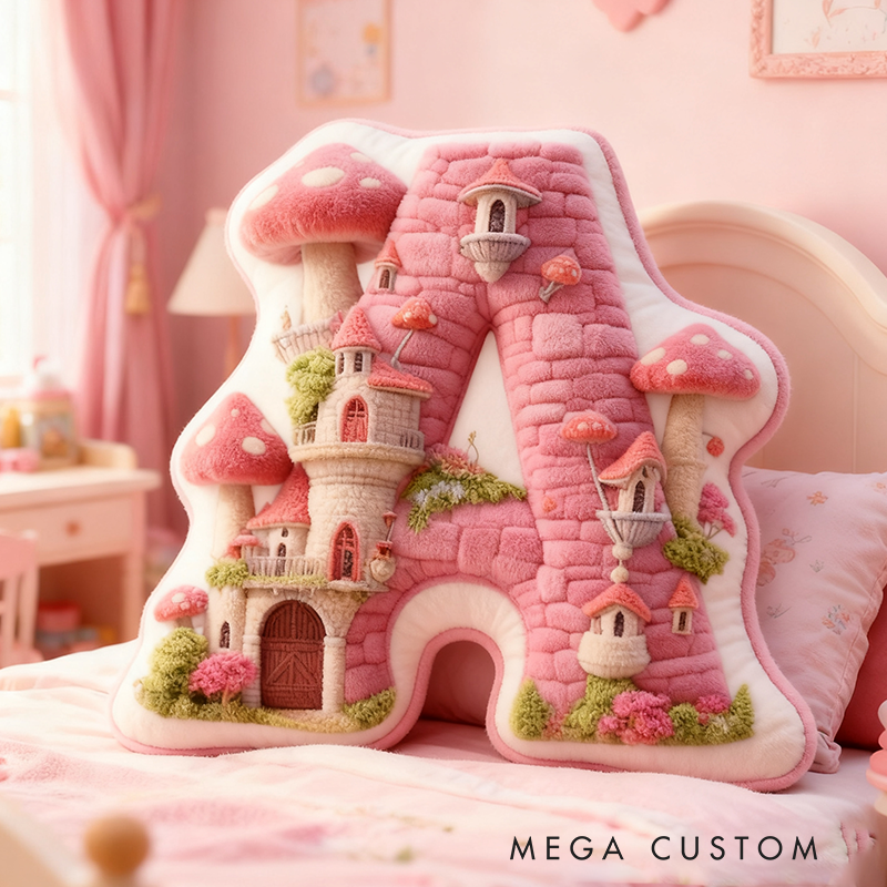Personalized Letter Pillow with Mushroom House Design Pink Fairy Tale Theme Enchanted Tower and Magical Decorative Touch Graphic 3D Print Pillow