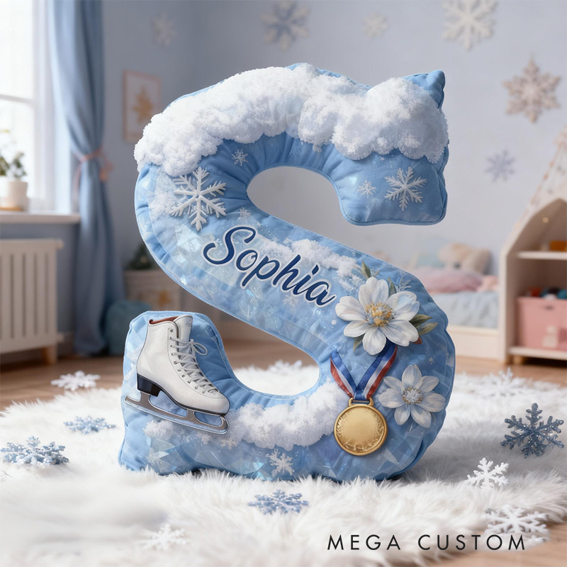 Personalized Graphic 3D Print Snowy Ice Skating Alphabet Shaped Pillow for Ice Skate Lovers Initial Pillow Christmas Gift for Kids