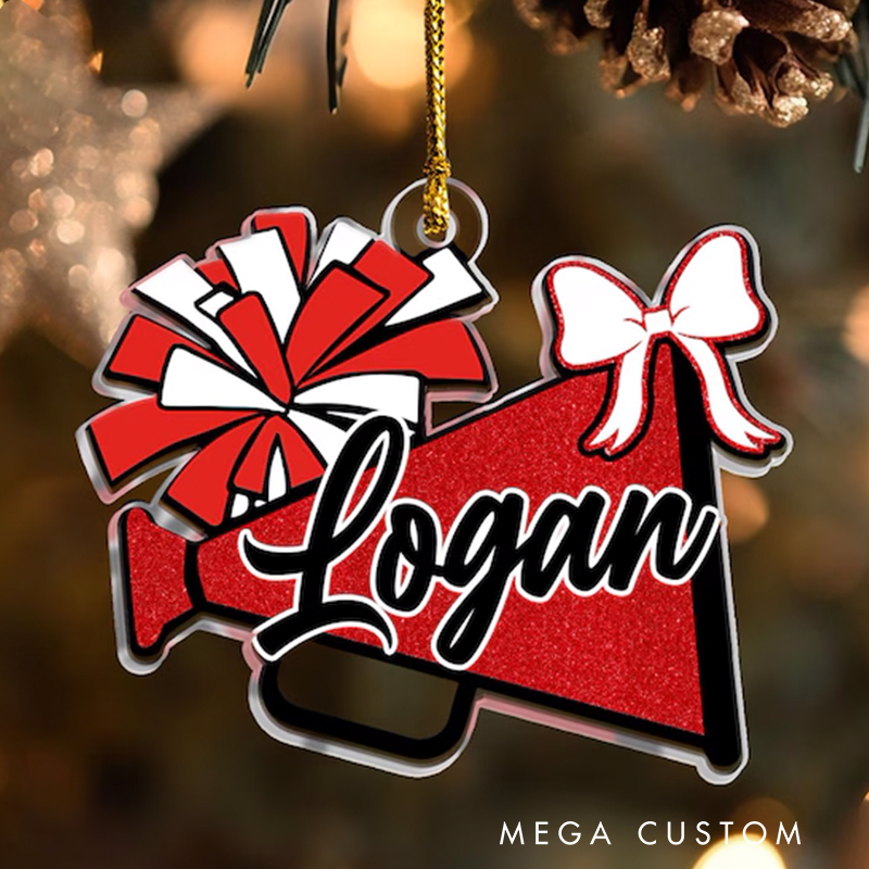 Personalized Acrylic Cheerleading Christmas Ornament with Custom Name, Megaphone, and Bow Design
