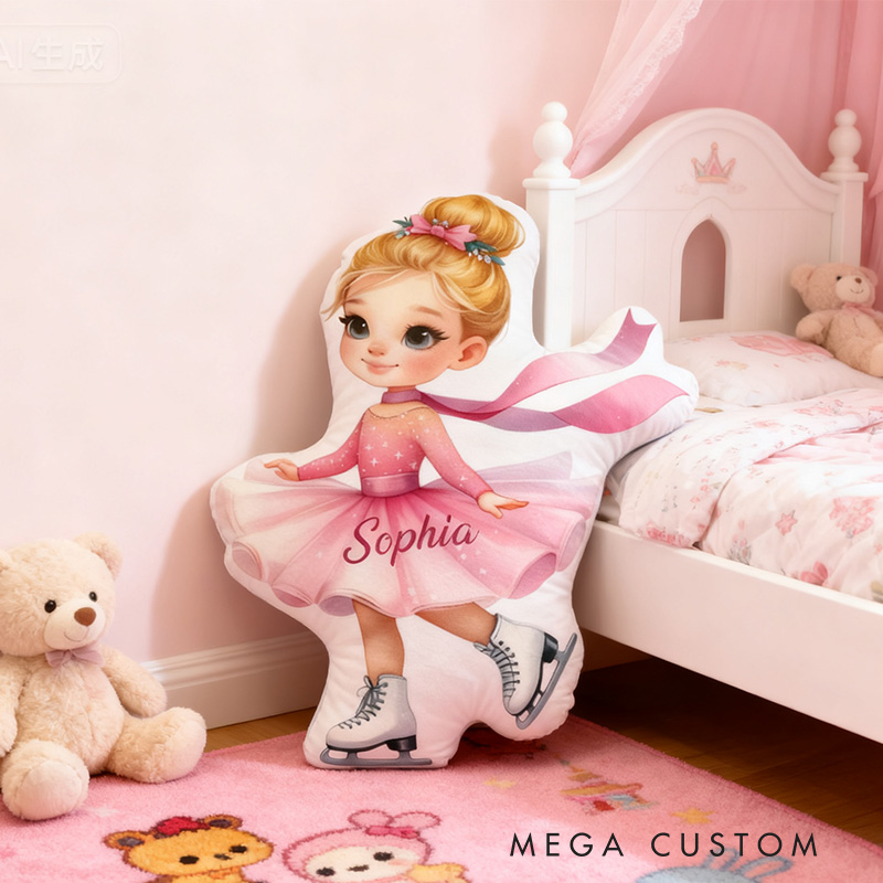 Personalized Graphic 3D Print Ice Skating Pink Girl Shaped Pillow for Ice Skate Lovers Pillow Christmas Gift for Kids