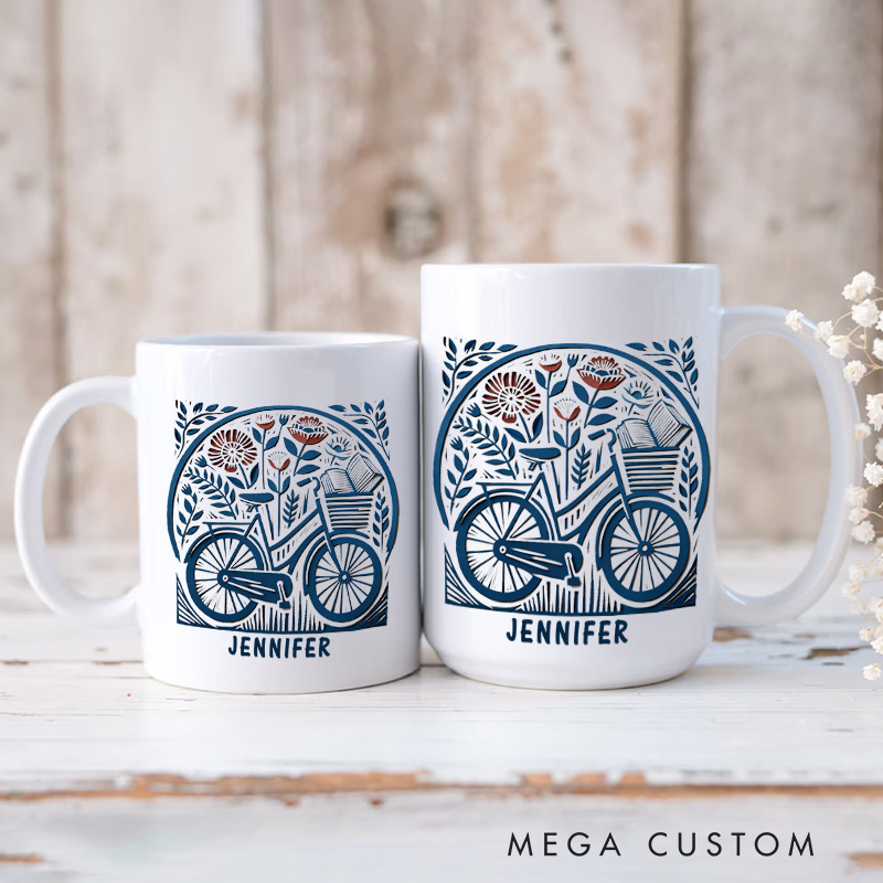 Personalized Floral Bkie Coffee Mug Gift for Cyclist for Biker Cycling Riding Lovers