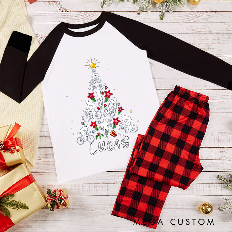 Personalized Christmas Pajama Set Cycling Christmas Pajamas Christmas Tree Bicycle Bike Love Xmas Gift Pajamas Matching Family Perfect for Holiday and Rider Riding Lover