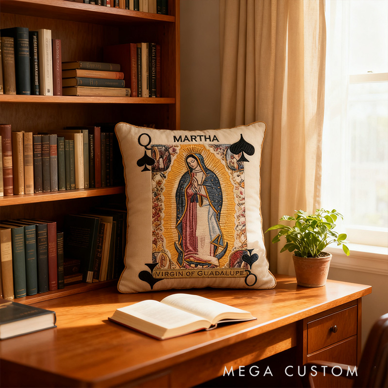 Personalized Virgin of Guadalupe Holy Playing Card Pillow with Custom Name Home Decor Unique Religious Gift Catholic Saints Deck Graphic 3D Print