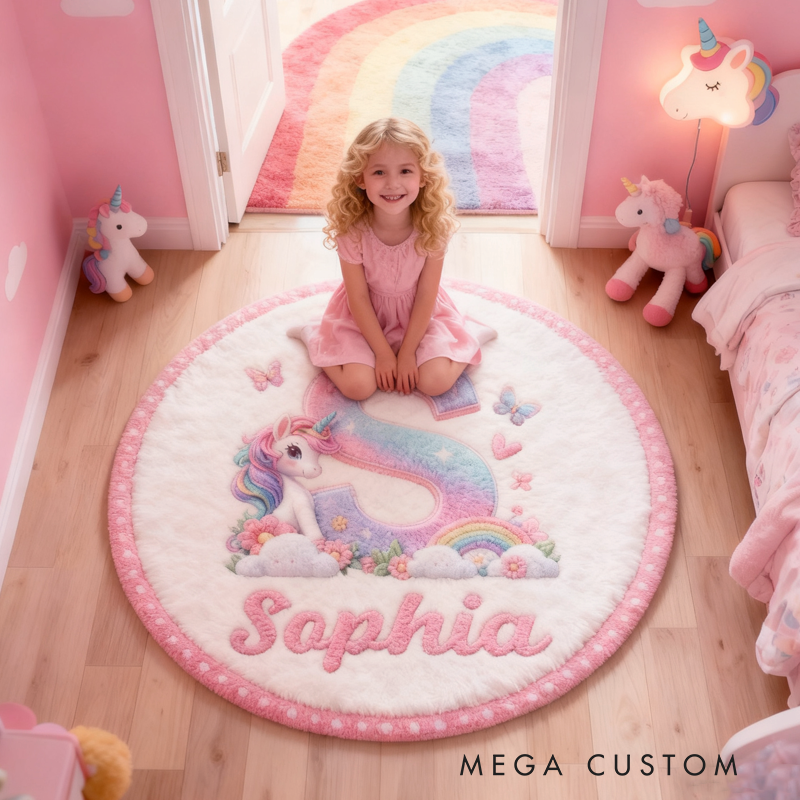 Personalized Pink Dreamy Horse Initials with Name Soft Rug Christmas Gift for Kids Rug Birthday Gifts for Kids