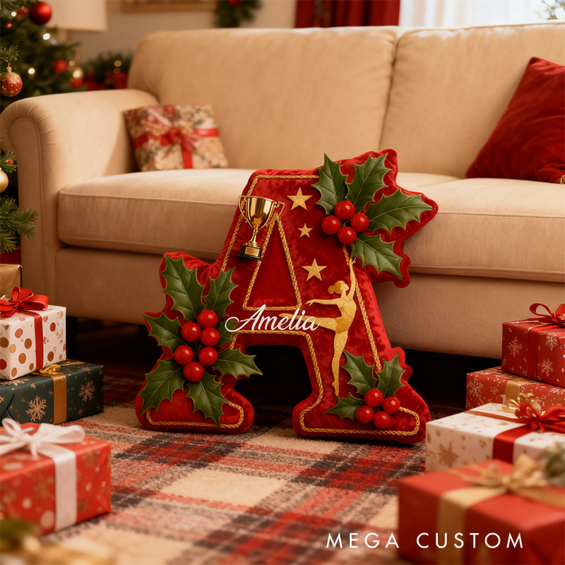 Personalized Graphic 3D Print Merry Christmas Gymnastic Alphabet Shaped Pillow for Gymnastic Lovers Initial Pillow Christmas Gift for Kids
